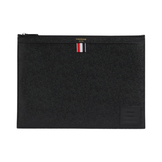 MAC123A-00198-001 Thom Browne Pebble Grain Leather 4-Bar Brass Label Medium Zipped Document Holder Black