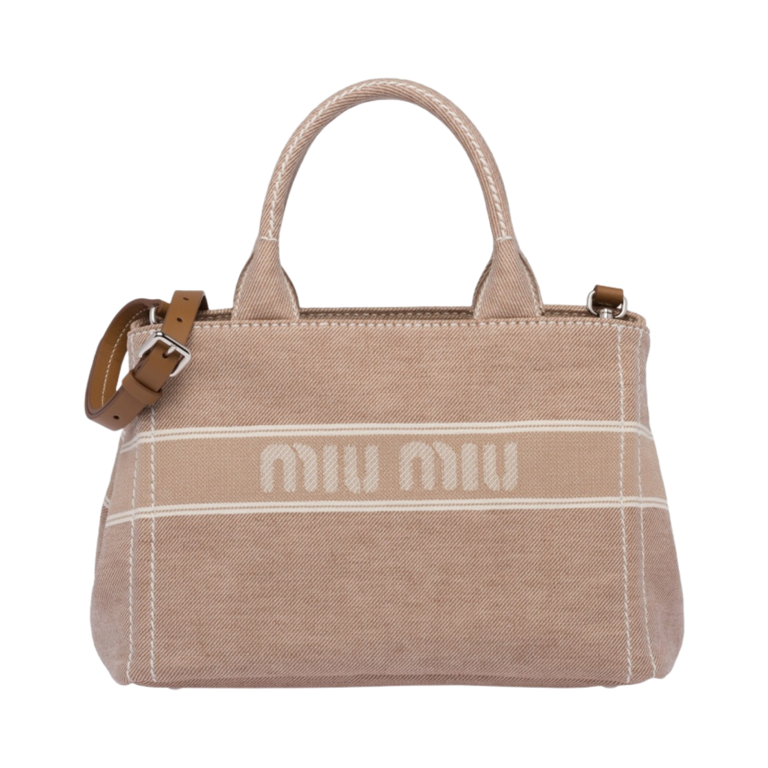 미우 미우 자카드 로고 데님 핸드백 카멜 브라운(Miu Miu Jacquard Logo Denim Handbag Camel Brown) - 1