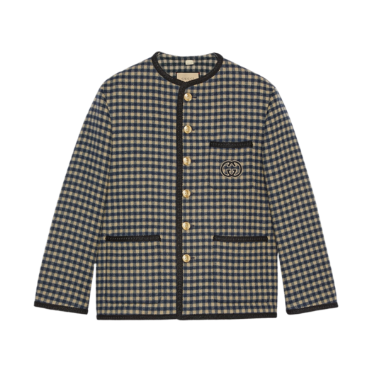 Gucci Wool Gingham Jacket with Interlocking G Beige Blue