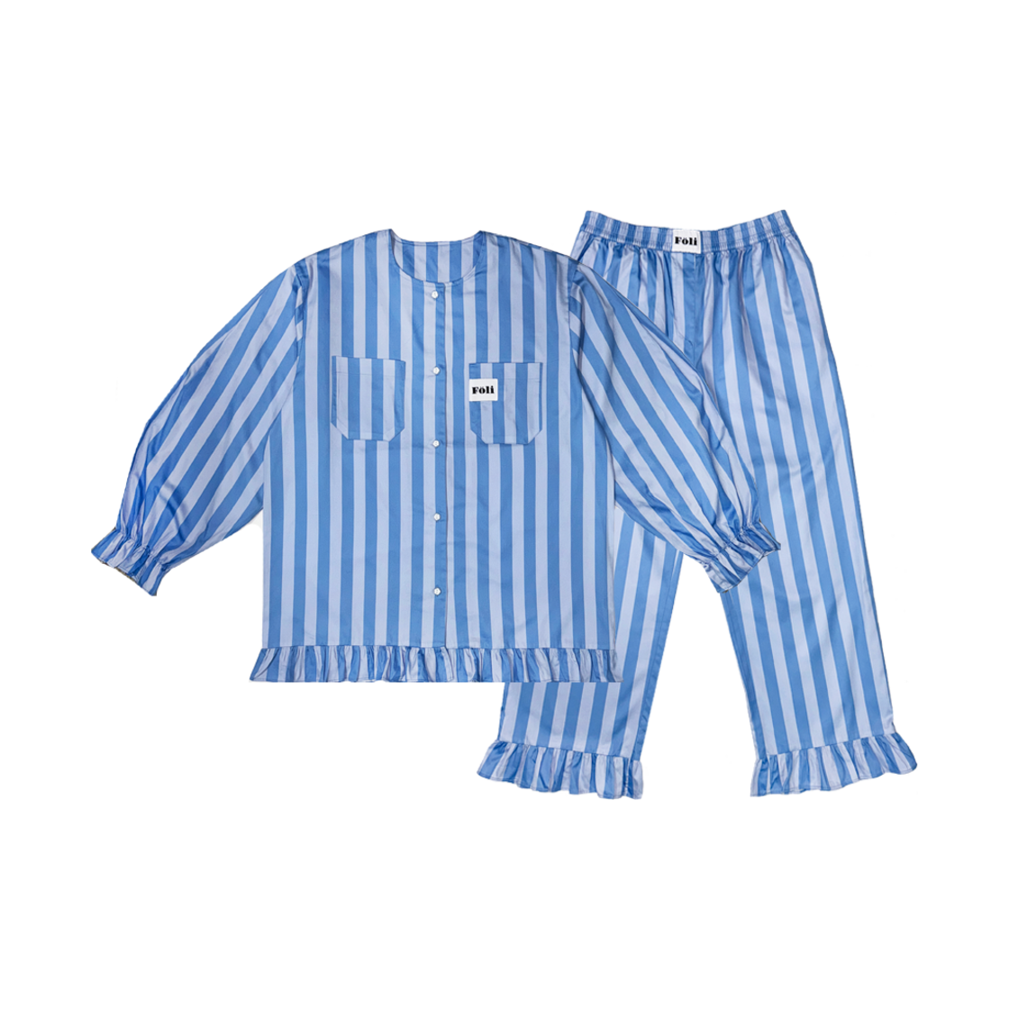 (Women) Ruffle Trim PJ Set, Blue Stripe Foli Women Ruffle Trim PJ Set Blue Stripe