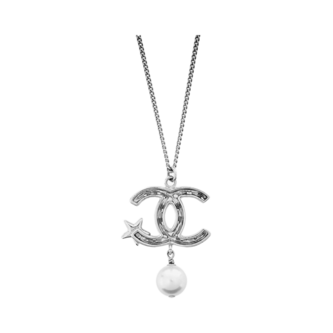 (W) 샤넬 펜던트 네클리스 메탈 라인스톤 & 실버 펄리 화이트 크리스탈((W) Chanel Pendant Necklace Metal Rhinestone & Silver Pearly White Crystal) - 2