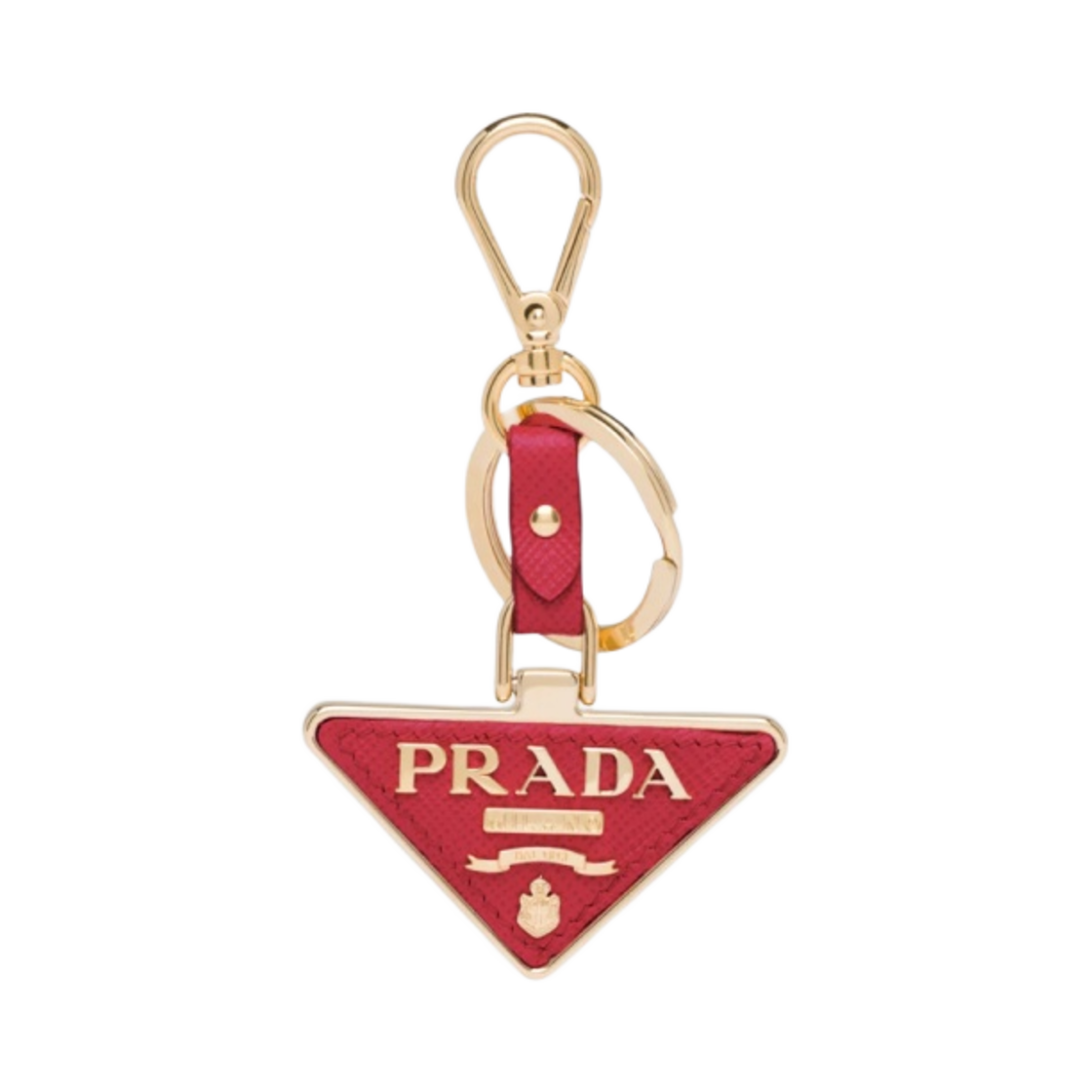 프라다 사피아노 레더 트라이앵글 로고 키체인 파이어리 레드 골드(Prada Saffiano Leather Triangle Logo Keychain Fiery Red Gold)