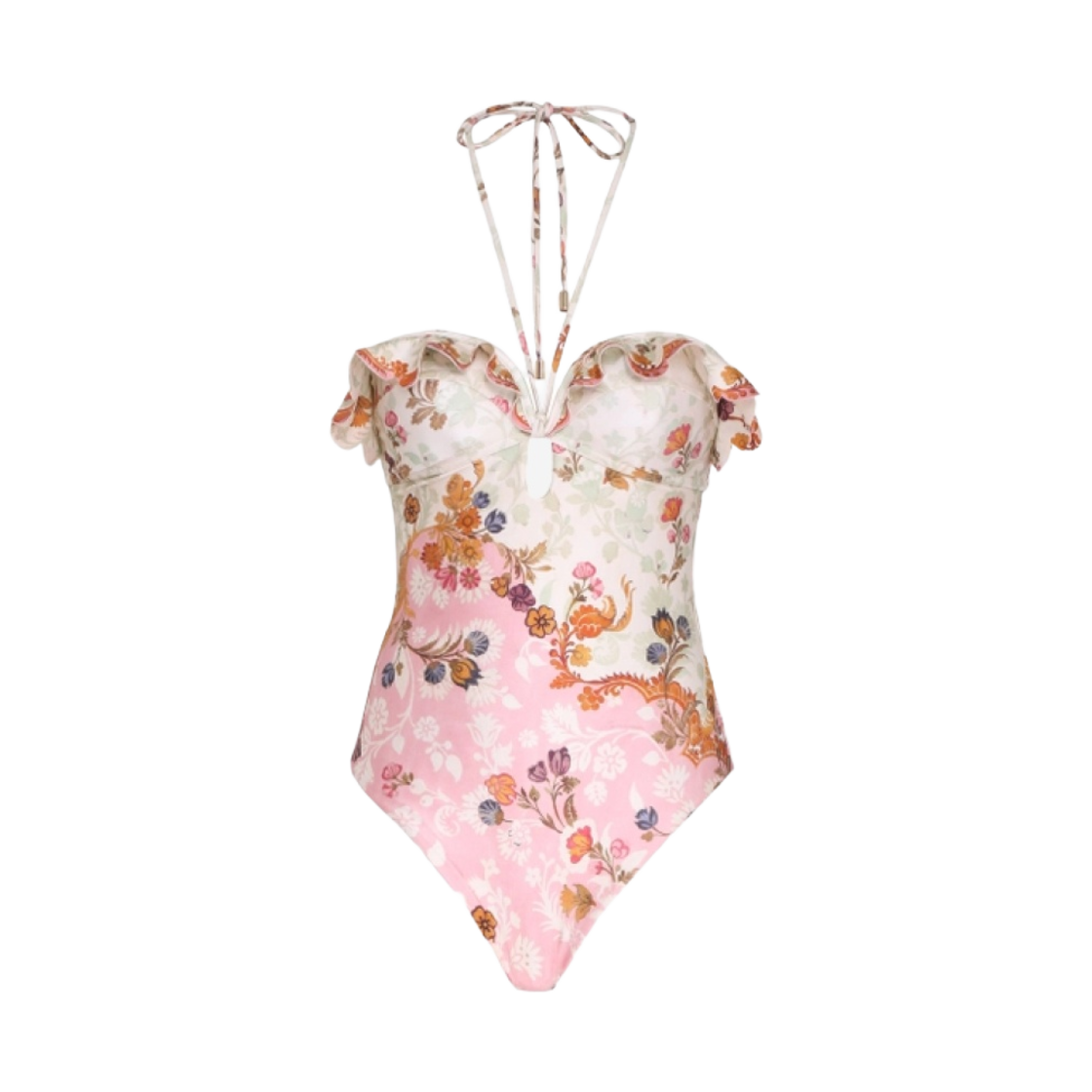 (W) 짐머만 로렐 와이어 프릴 홀터 원피스 스윔수트 핑크 그린 플로랄((W) Zimmermann Laurel Wire Frill Halter One-Piece Swimsuit Pink Green Floral) - 1