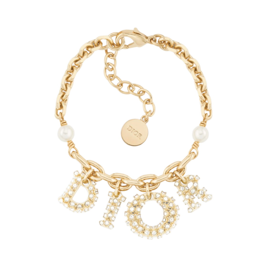 (W) 디올 레이디 디올 브레이슬릿 골드 피니쉬 메탈 화이트 레진 펄 실버 톤 크리스탈((W) Dior Lady Dior Bracelet Gold Finish Metal White Resin Pearls Silver Tone Crystals) - 1