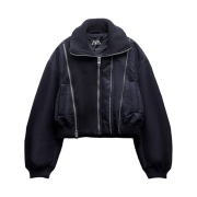 (W) Zara Contrast Bomber Jacket with Zip Navy Blue