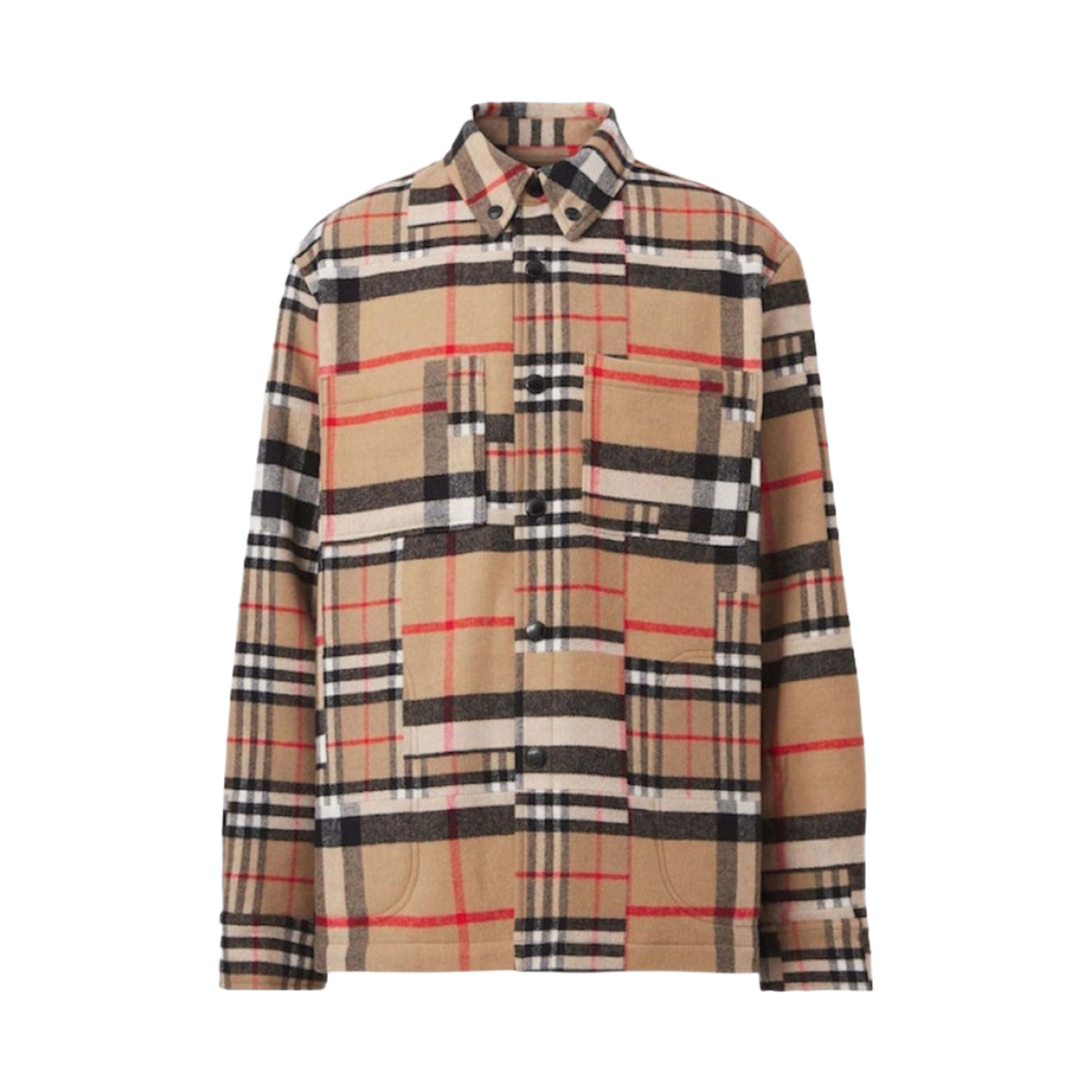 버버리 체크 패턴 패치워크 울 오버사이즈 오버셔츠 아카이브 베이지
