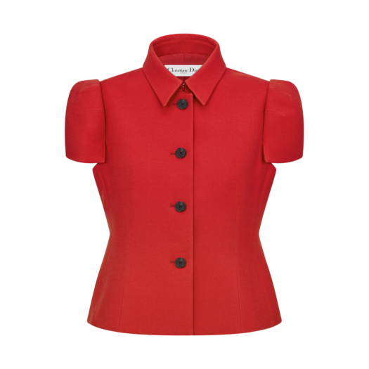 (W) Dior Fitted Short-Sleeved Jacket Amaryllis Red Wool Silk