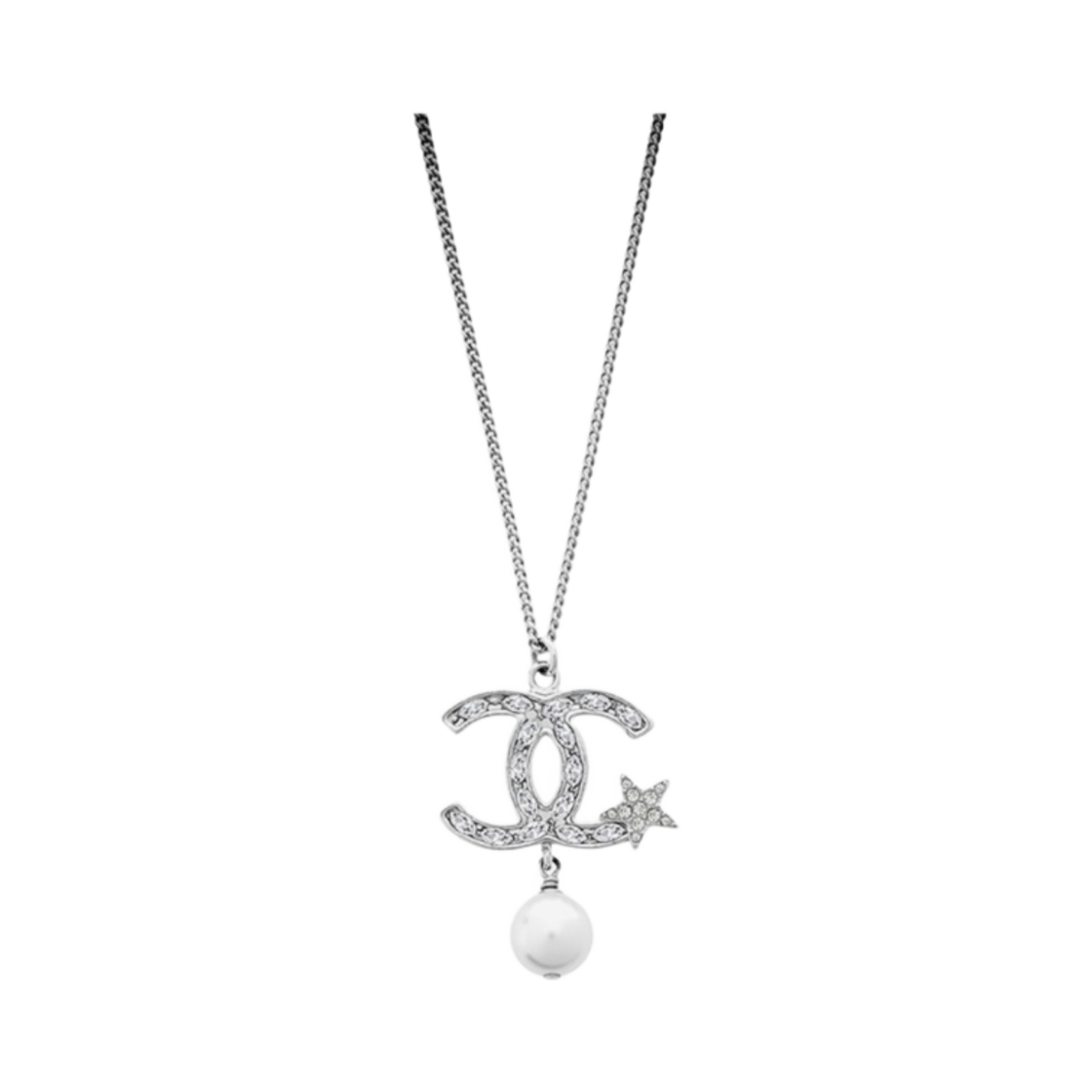 (W) 샤넬 펜던트 네클리스 메탈 라인스톤 & 실버 펄리 화이트 크리스탈((W) Chanel Pendant Necklace Metal Rhinestone & Silver Pearly White Crystal) - 1