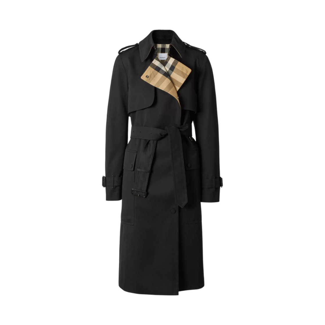 (W) 버버리 체크 패널 코튼 개버딘 트렌치 코트 블랙((W) Burberry Check Panel Cotton Gabardine Trench Coat Black) - 1