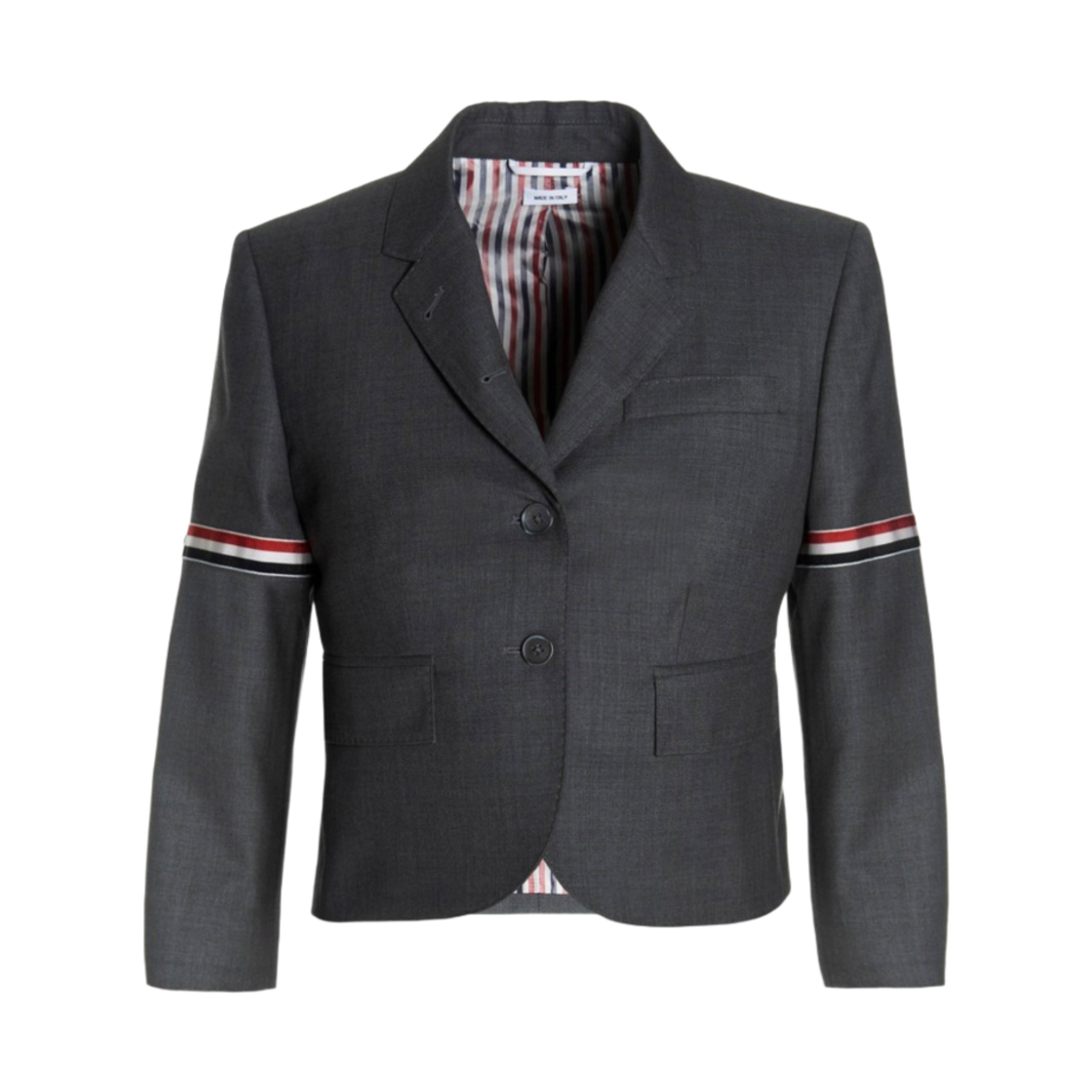 (W) 톰브라운 슈퍼 120수 트윌 스트라이프 암밴드 크롭 자켓 미디움 그레이((W) Thom Browne Super 120S Twill Stripe Armband Cropped Jacket Medium Grey) - 1