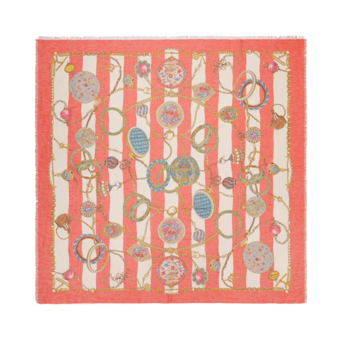 (W) 구찌 쥬얼 프린트 실크 리넨 숄 아이보리 핑크((W) Gucci Jewels Print Silk Linen Shawl Ivory Pink) - 1