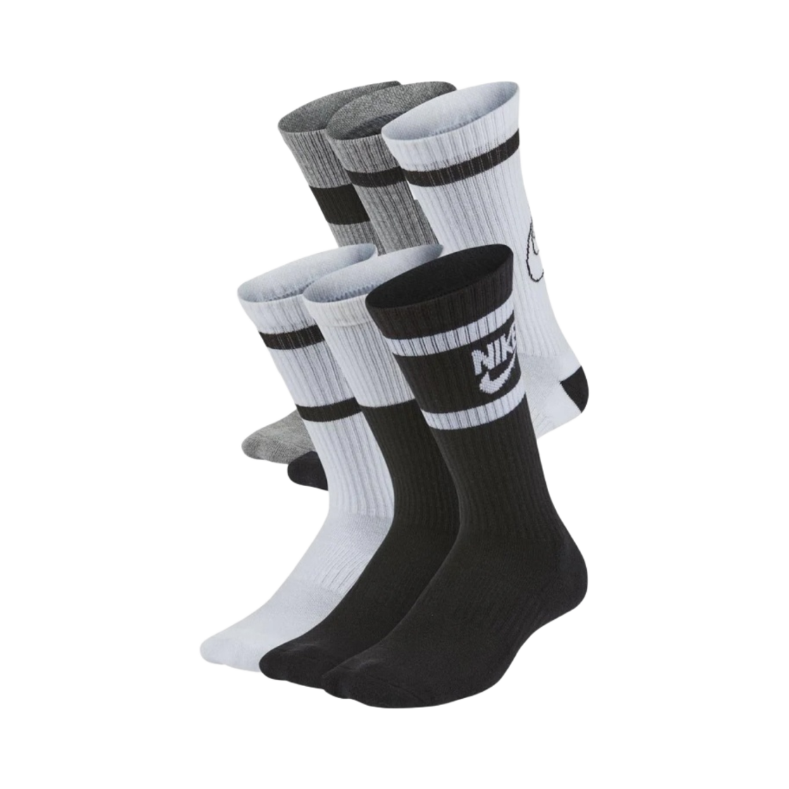CK7302-901 (Kids) Nike Everyday Cushioned Crew Socks White Black Gray (6 Pack/Korean Ver.)