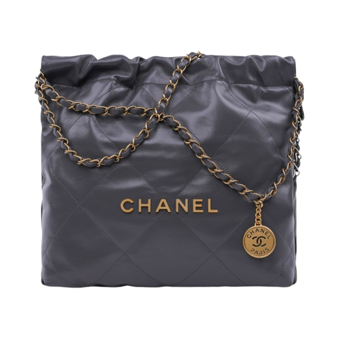 샤넬 22 스몰 핸드백 샤이니 카프스킨 & 골드 메탈 다크 그레이