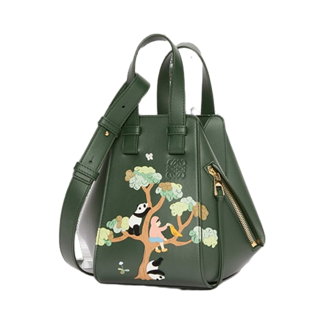 로에베 판다 컴팩트 해먹 백 인 사틴 카프스킨 보틀 그린(Loewe Panda Compact Hammock Bag In Satin Calfskin Bottle Green)