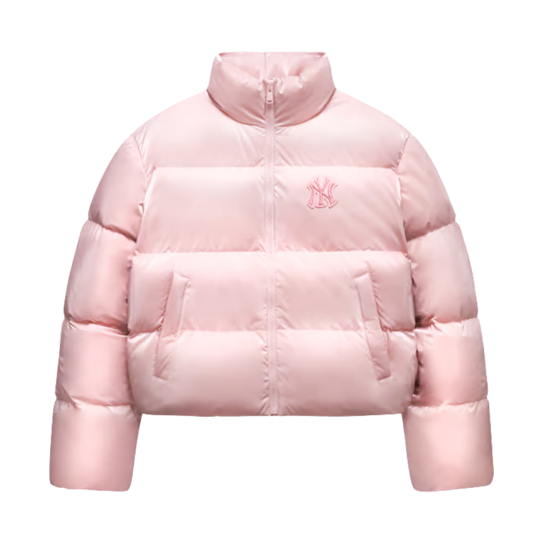 (W) MLB 크롭 메탈 유광 커브 푸퍼 자켓 뉴욕 양키스 MG.핑크((W) MLB Crop Metal Shiny Curve Puffer Jacket New York Yankees MG.Pink)