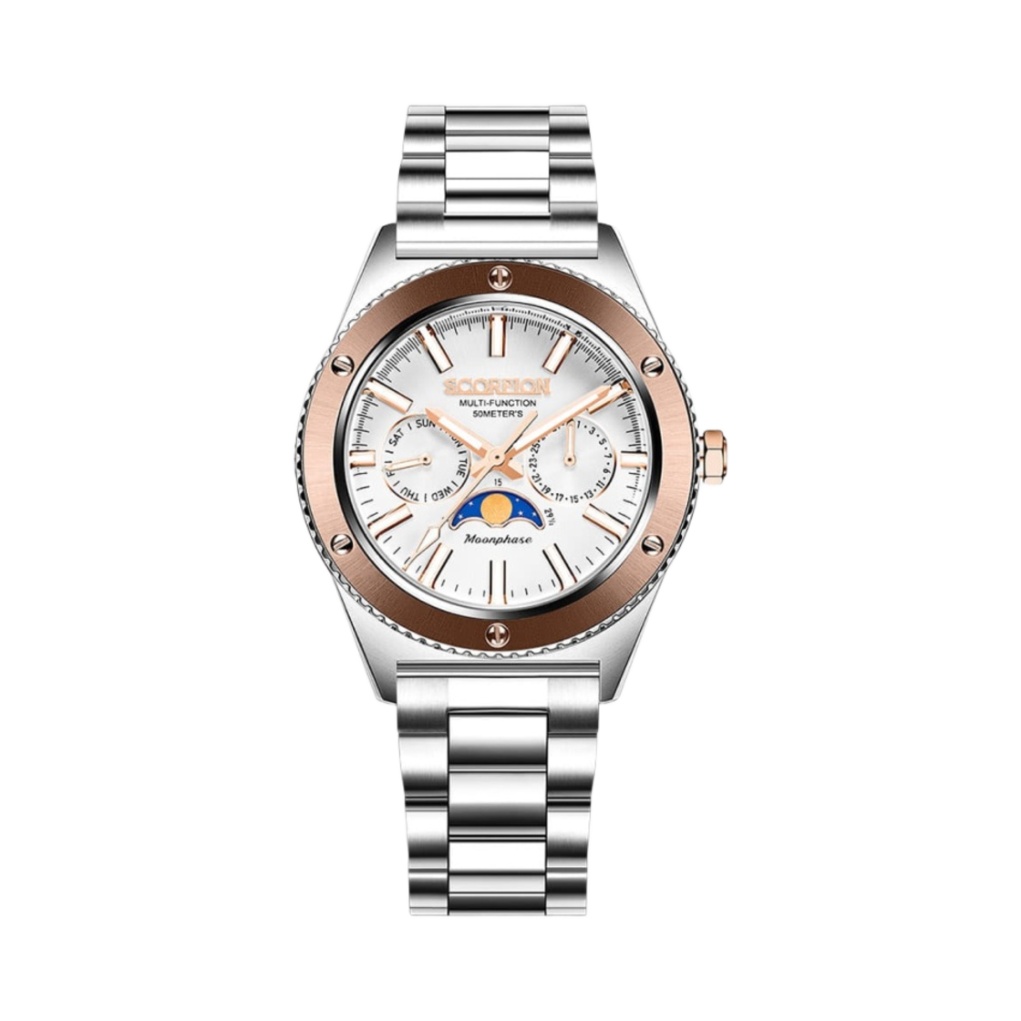 스콜피온 40mm 문페이즈 메탈 워치 화이트 로즈 골드(Scorpion 40mm Moonphase Metal Watch White Rose Gold)
