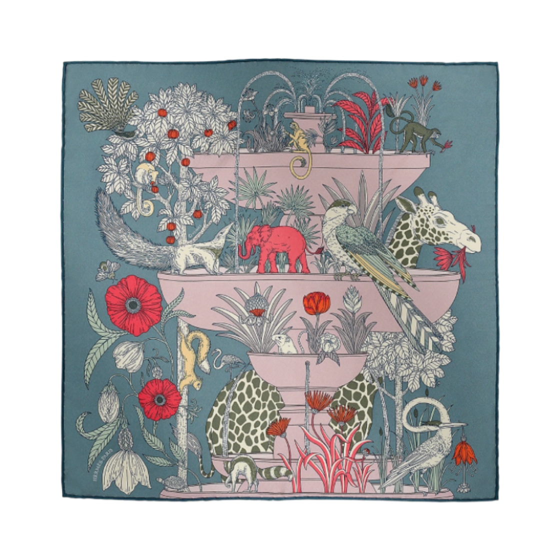 H894174S04 (W) Hermes Precious Paradise Detail Scarf 45 Bleu Gris Vieux Rose Vert
