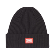 Diesel K-Coder-H 2X2 Ribbed Beanie with Logo Patch Black