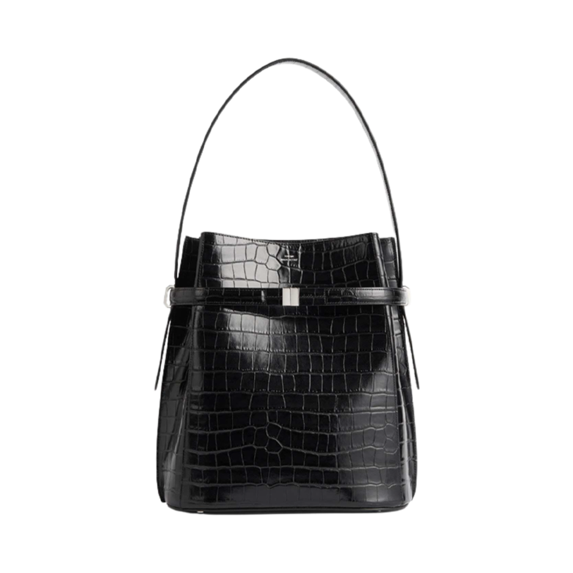 244-WAL0048-LE0076-001 Toteme Belted Croco Embossed Bucket Bag Black