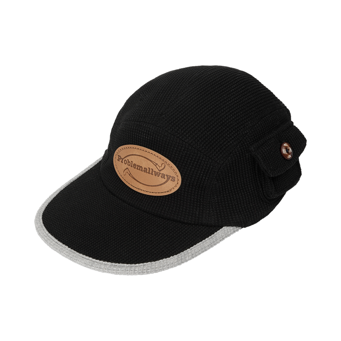 S03CAP01BK Problemallways Logo Leather Patch Waffle Camp Cap Black