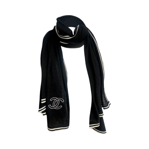 (W) Chanel Scarf Cashmere Silk & Black Ivory