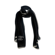 (W) Chanel Scarf Cashmere Silk & Black Ivory