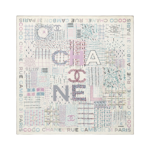 (W) Chanel Square Scarf Silk Twill & Ecru Multicolor