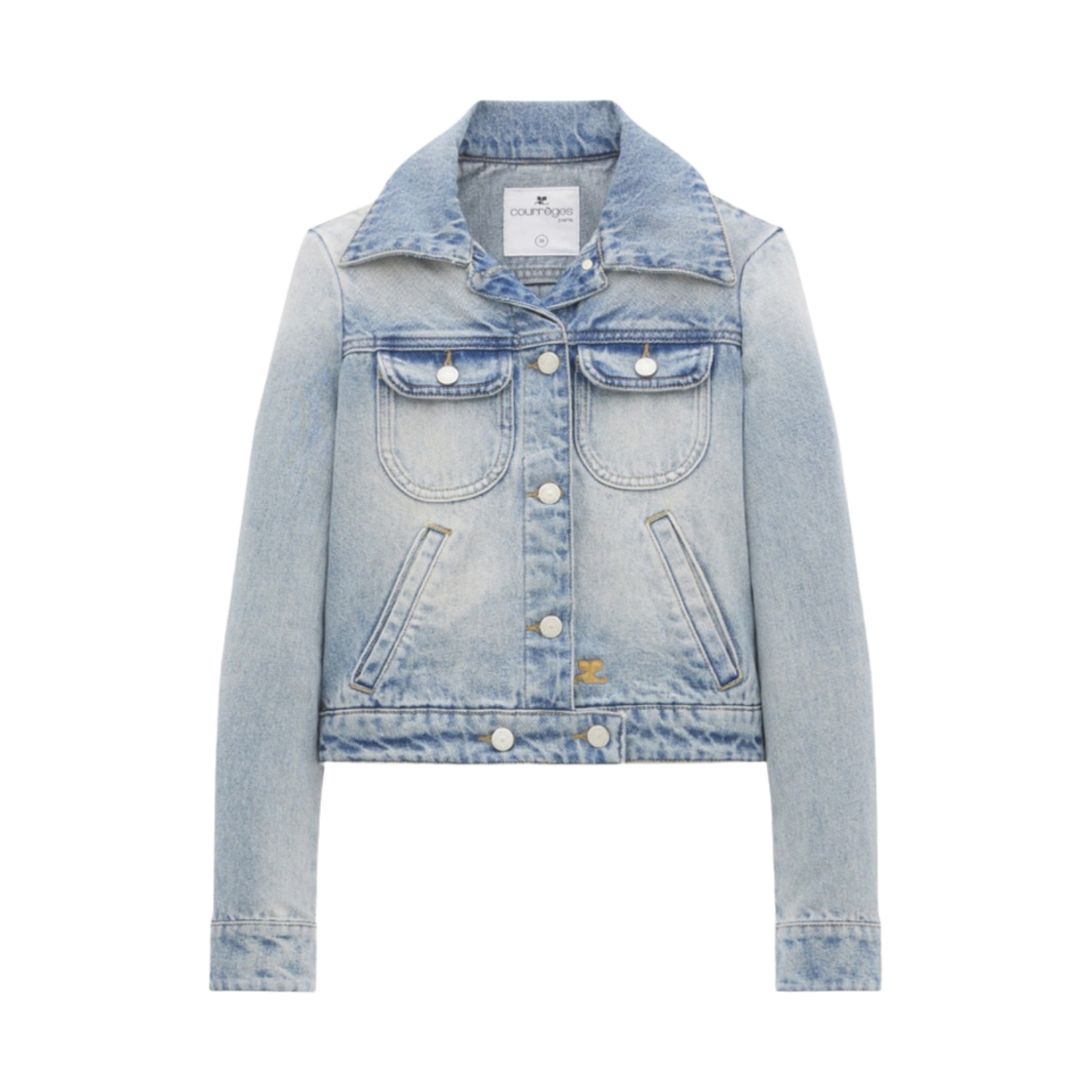 (W) 꾸레쥬 더티 블루 데님 트러커 자켓 라이트 블루 워시((W) Courreges Dirty Blue Denim Trucker Jacket Light Blue Wash)