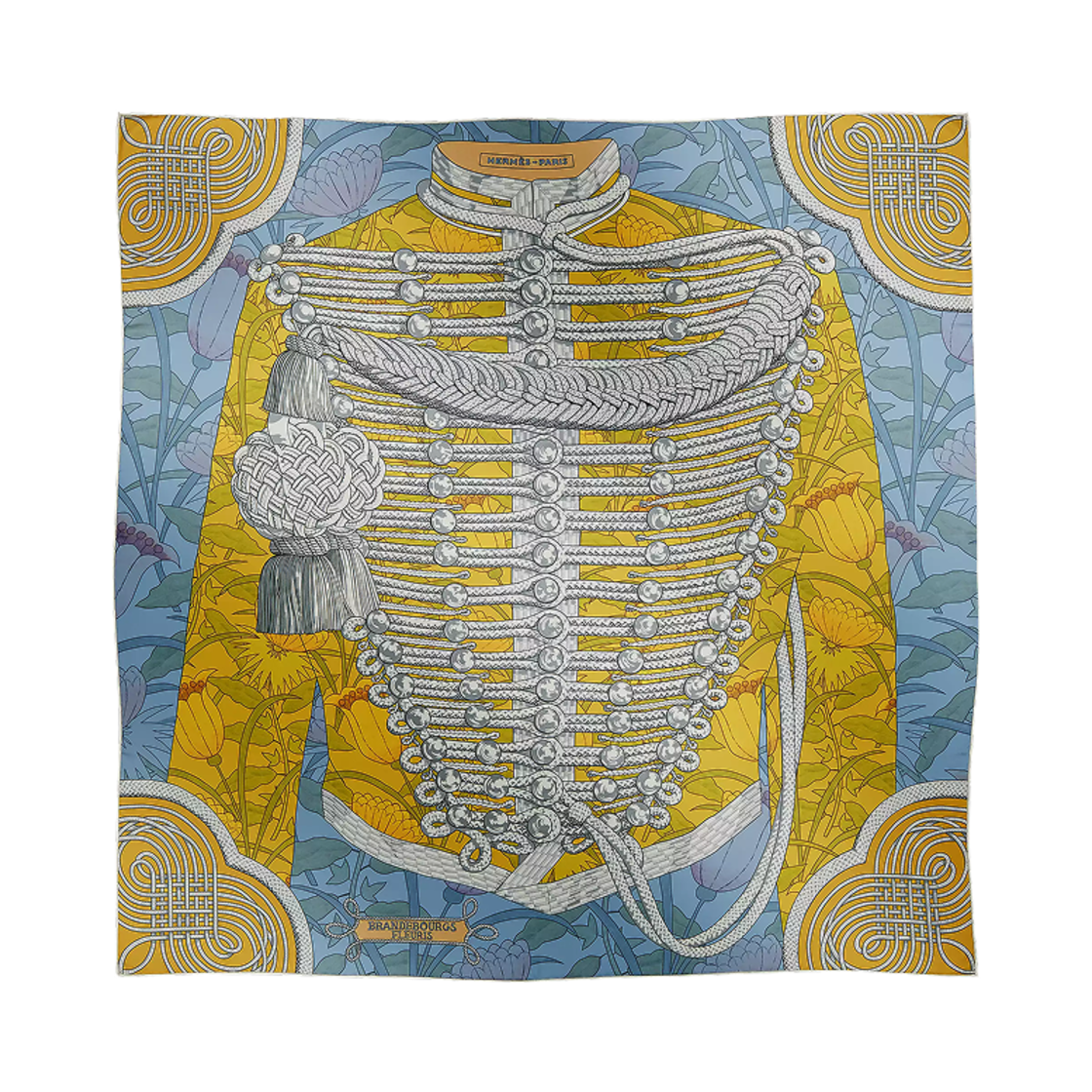 H904041S03 (W) Hermes Brandebourgs Fleuris Double Face Scarf 90 Lavande Jaune D'or Gris