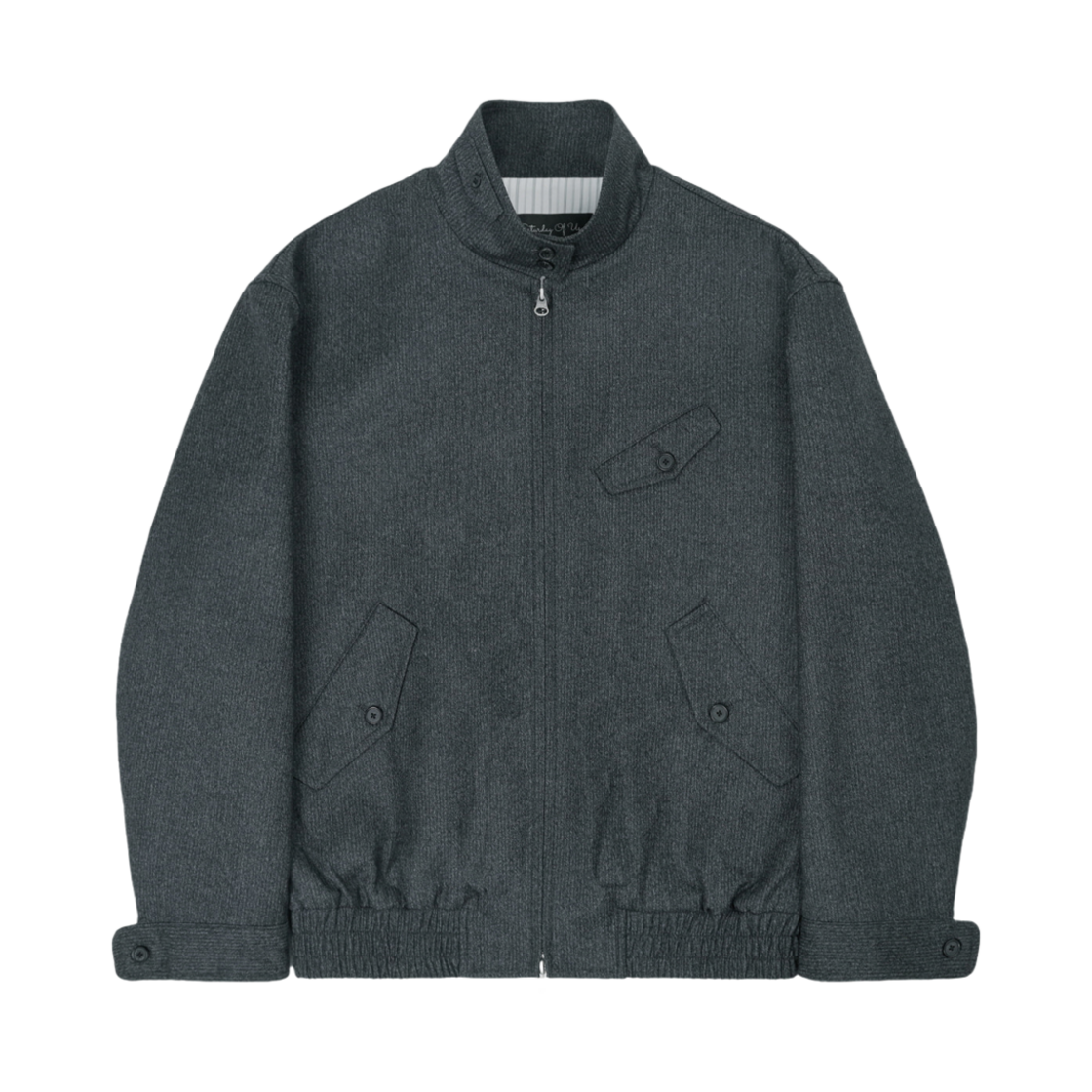 에스티유 하이넥 스트라이프 울 자켓 다크 그레이 + 버티컬 지퍼(STU High Neck Stripe Wool Jacket Dark Grey + Vertical Zipper)