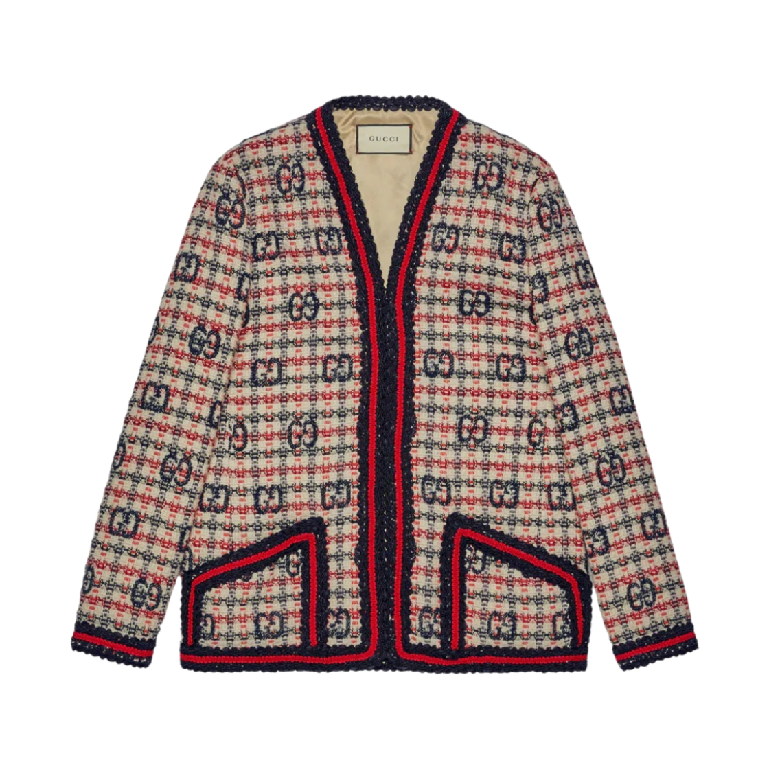 (W) 구찌 GG 체크 트위드 자켓 블루 화이트 레드((W) Gucci GG Check Tweed Jacket Blue White Red) - 1