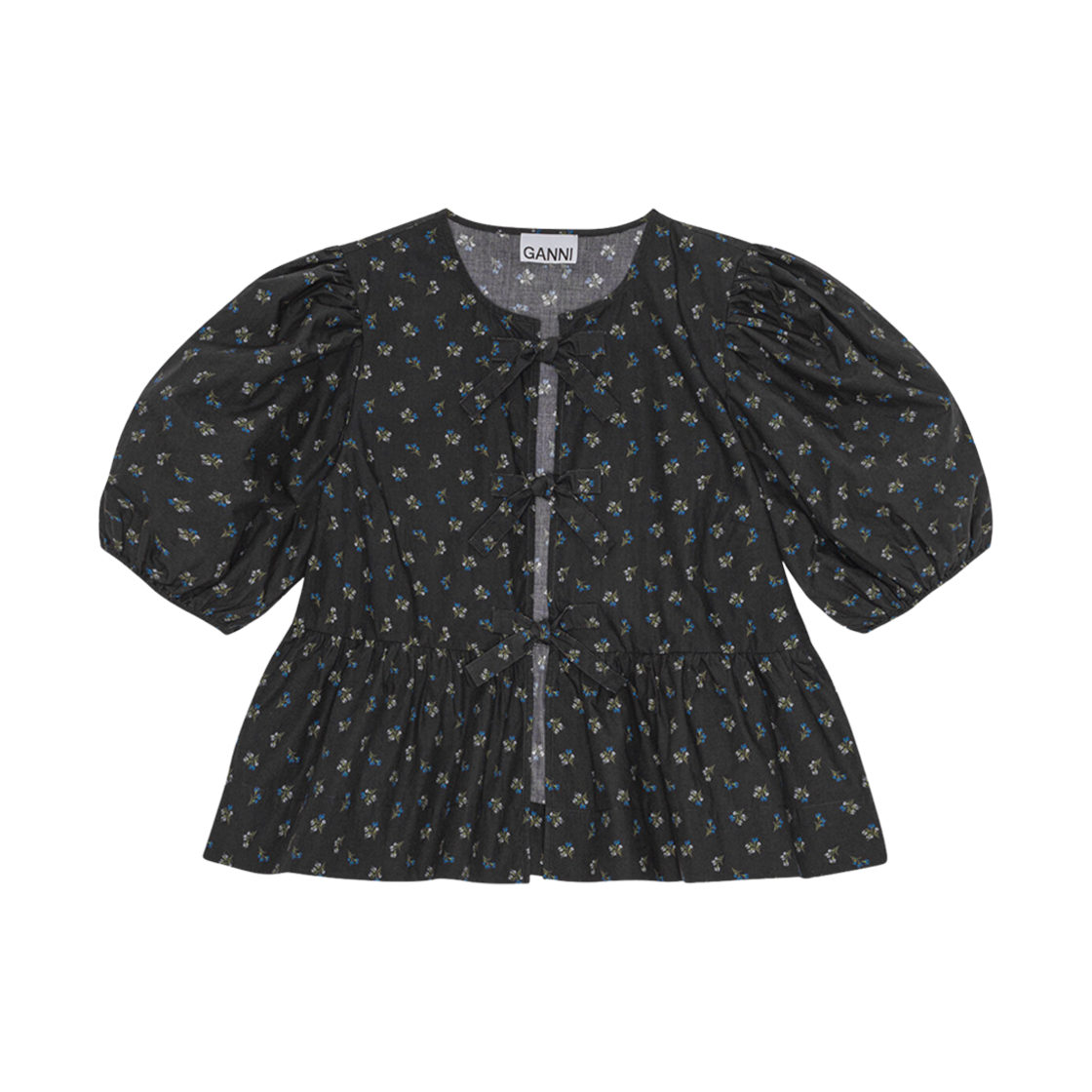 (W) 가니 프린티드 코튼 페플럼 블라우스 팬텀((W) Ganni Printed Cotton Peplum Blouse Phantom)