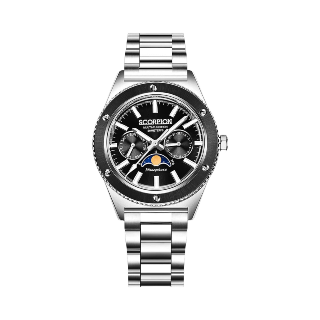 스콜피온 40mm 문페이즈 메탈 워치 블랙(Scorpion 40mm Moonphase Metal Watch Black)