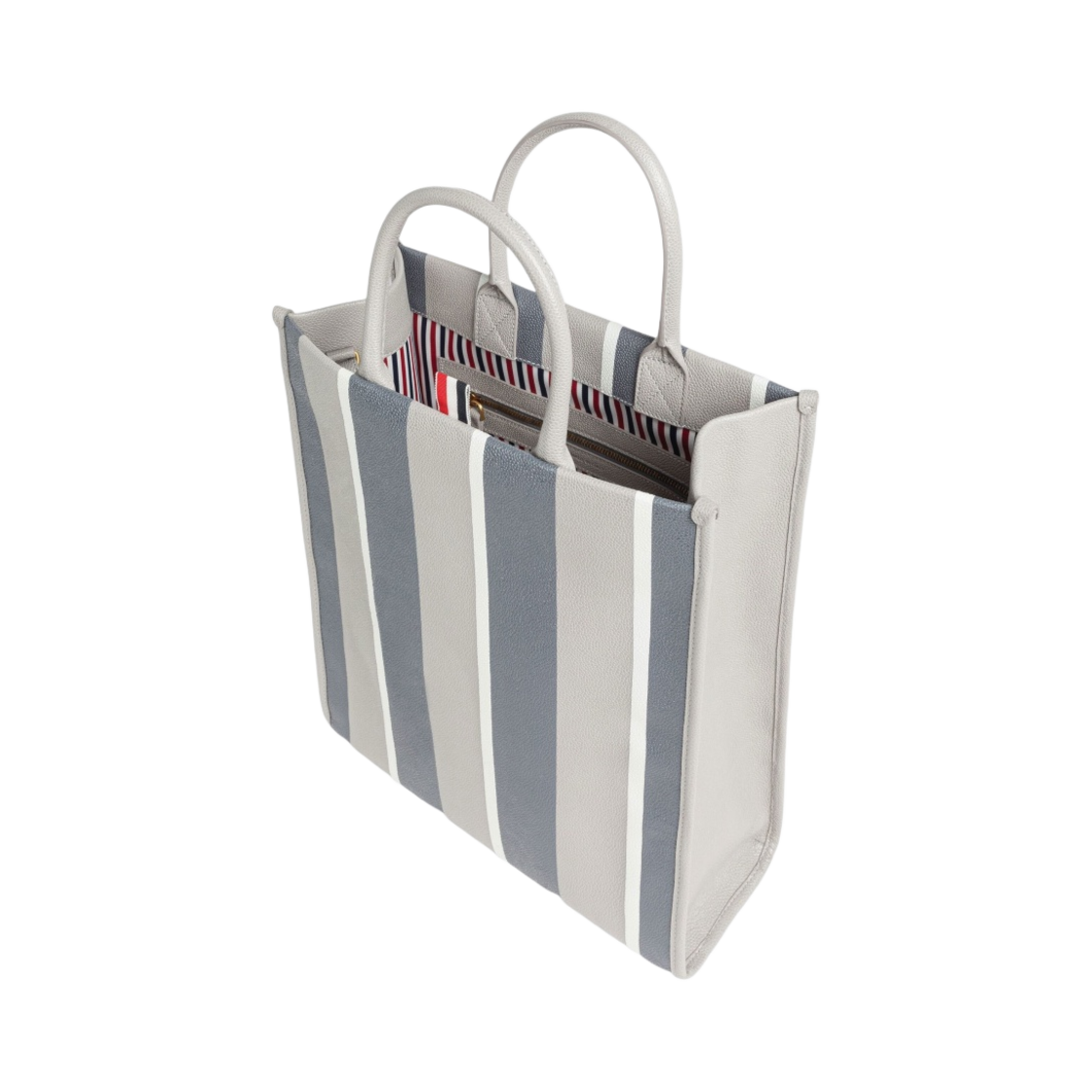 톰브라운 스트라이프 페블 그레인 레더 버티컬 토트백 미디움 그레이(Thom Browne Stripe Pebble Grain Leather Vertical Tote Bag Medium Grey) - 4