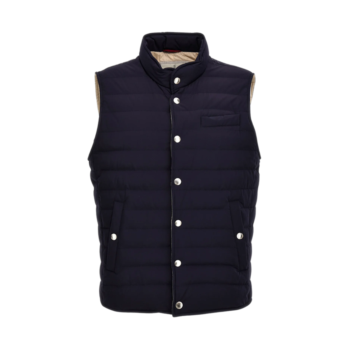 MM4031711-CKZ35 Brunello Cucinelli Logo Silver Button Down Vest Navy