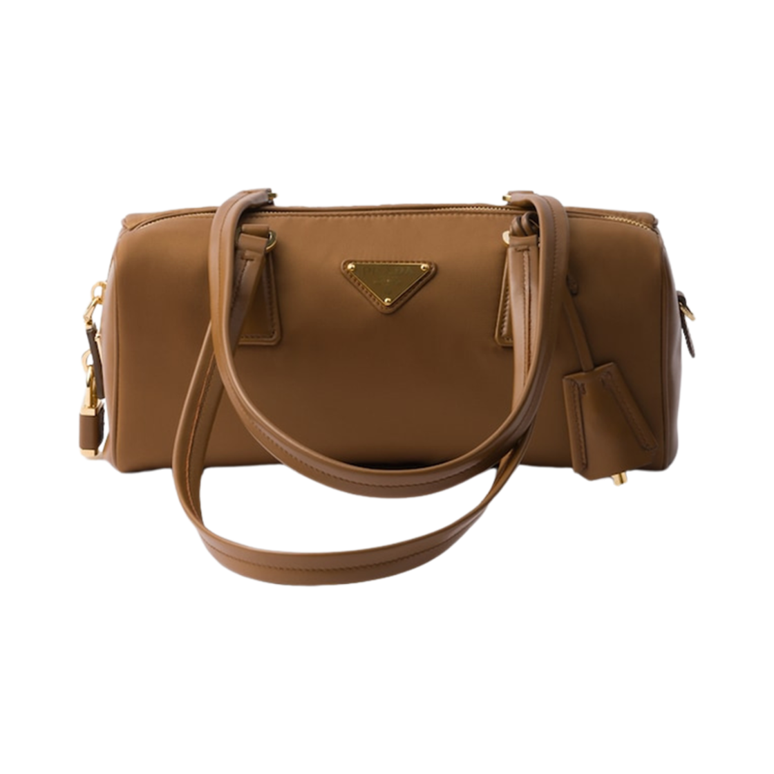 1BB127-2C8Q-F0134 Prada Re-Nylon and Leather Medium Top-Handle Bag with Padlock Brandy