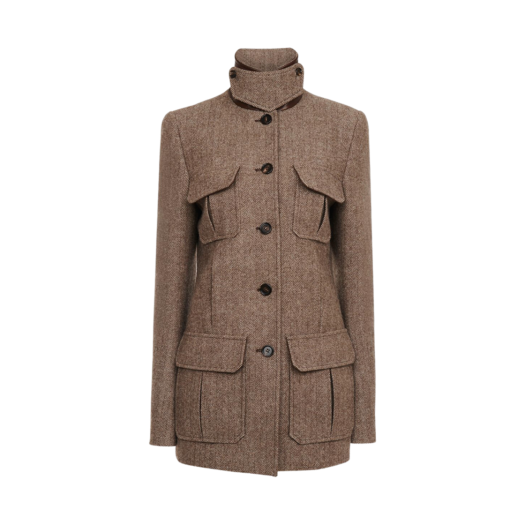 CH24WVE03190232 (W) Chloe Herringbone Wool Long Officer Jacket Sombre Brown