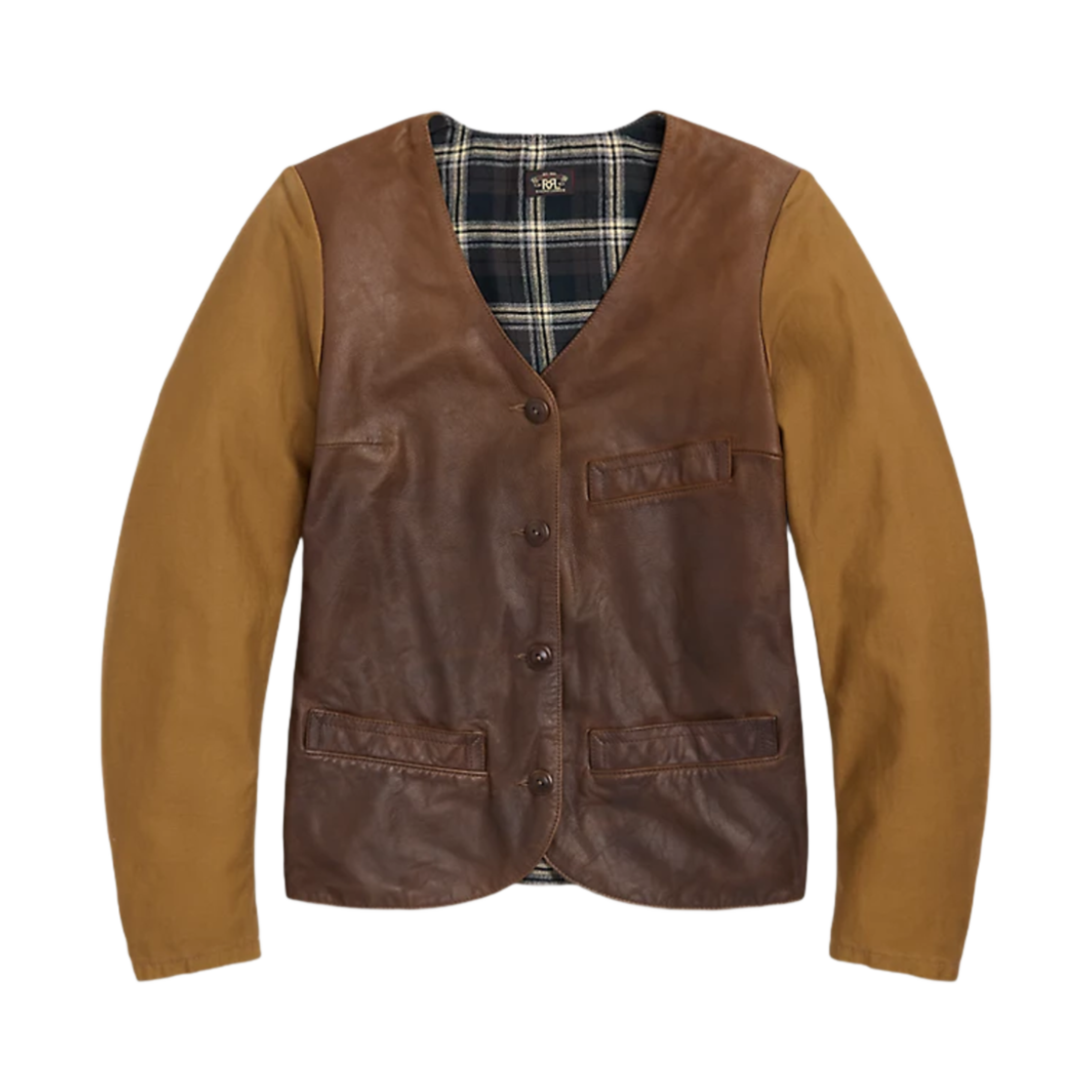 (W) 더블알엘 사틴 슬리브 레더 자켓 앤티크 브라운 허니((W) Double RL Satin Sleeve Leather Jacket Antique Brown Honey) - 1