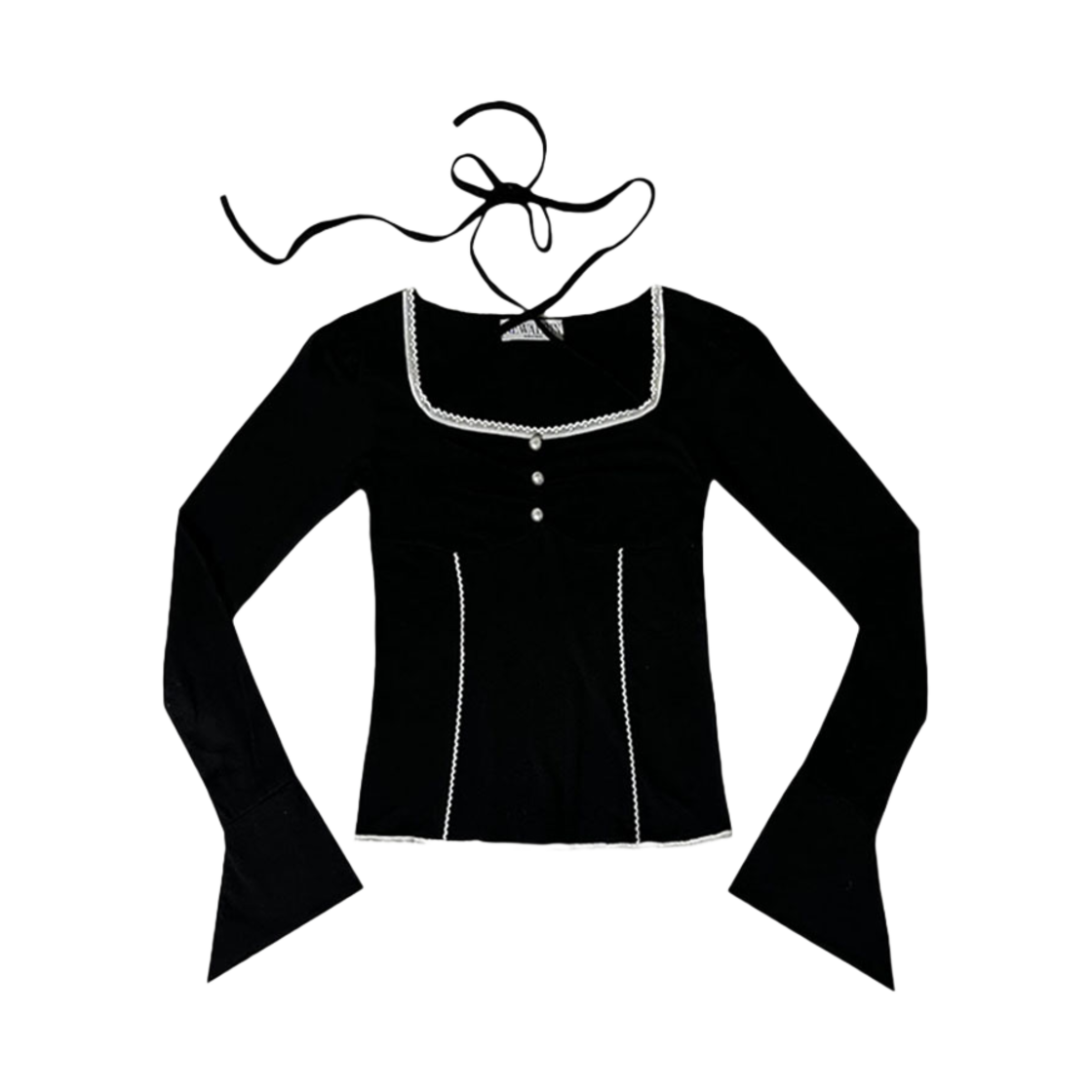 24FWTOP03 Newalrin Liz Shirring Lace Button Long Sleeve Blouse Black