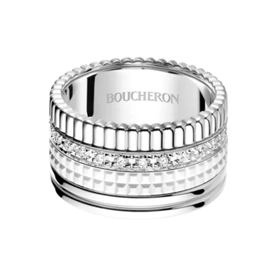 부쉐론 콰트로 더블 화이트 에디션 라지 링 18K 화이트 골드 화이트 세라믹 다이아몬드(Boucheron Quatre Double White Edition Large Ring 18K White Gold White Ceramic Diamond)