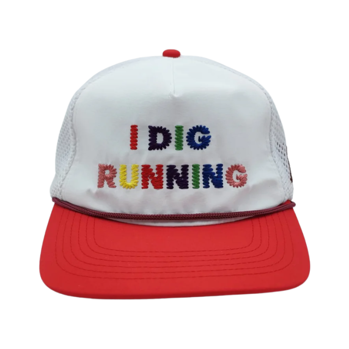 알렉스 조노 아이 디그 러닝 레인보우 트러커 햇 화이트 레드(Alex Zono I Dig Running Rainbow Trucker Hat White Red)