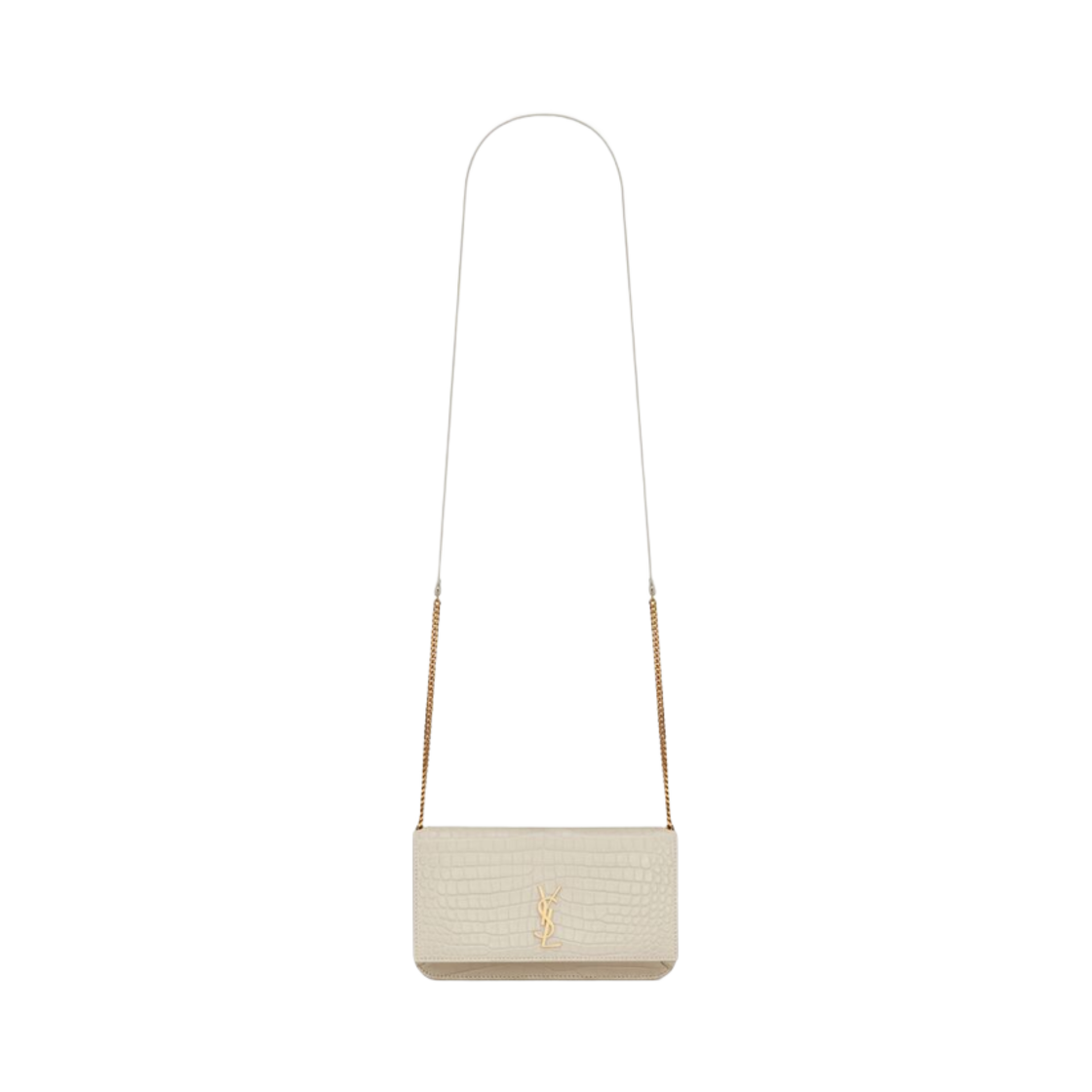 생로랑 카산드라 폰 홀더 스트랩 샤이니 크로커다일 엠보스 레더 블랑 빈티지(Saint Laurent Cassandre Phone Holder With Strap in Shiny Crocodile-Embossed Leather Blanc Vintage) - 1