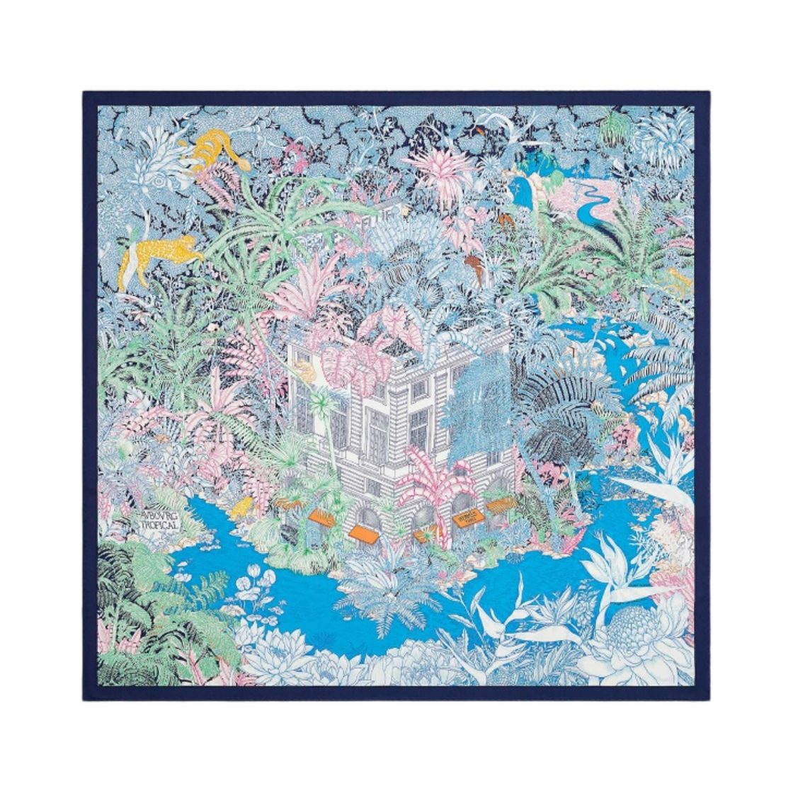 H003602S07 (W) Hermes Faubourg Tropical Scarf 90 Bleu Jean Vert Jaune