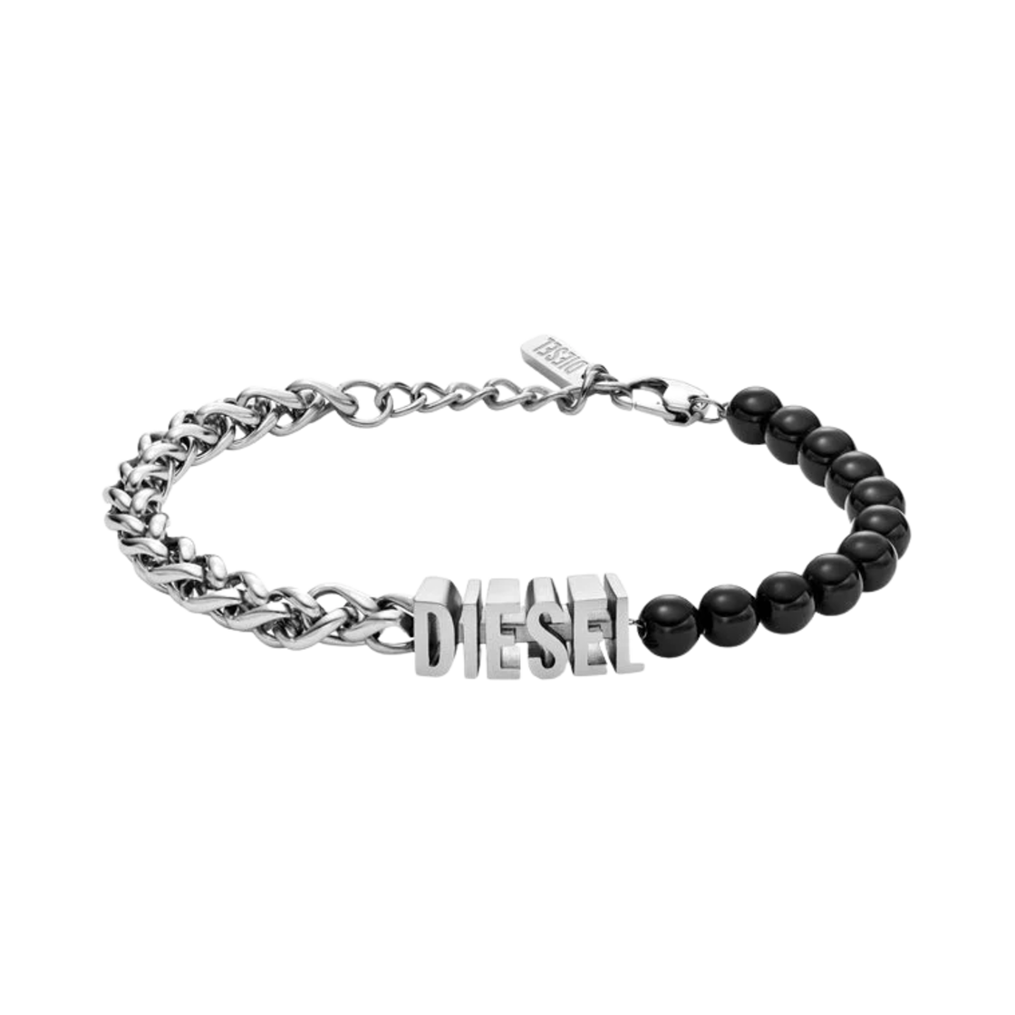 디젤 Dx1541040 블랙 아게이트 비디드 체인 브레이슬릿 실버 블랙(Diesel Dx1541040 Black Agate Beaded Chain Bracelet Silver Black)