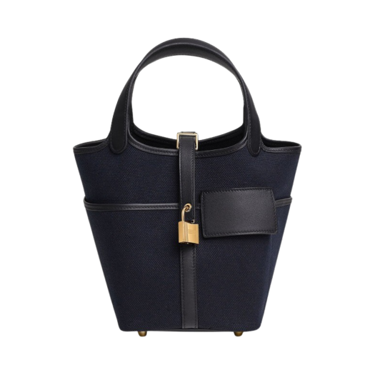 Hermes Picotin Lock 18 Pocket Bag Goeland Canvas Swift & Gold Bleu Marine Caban