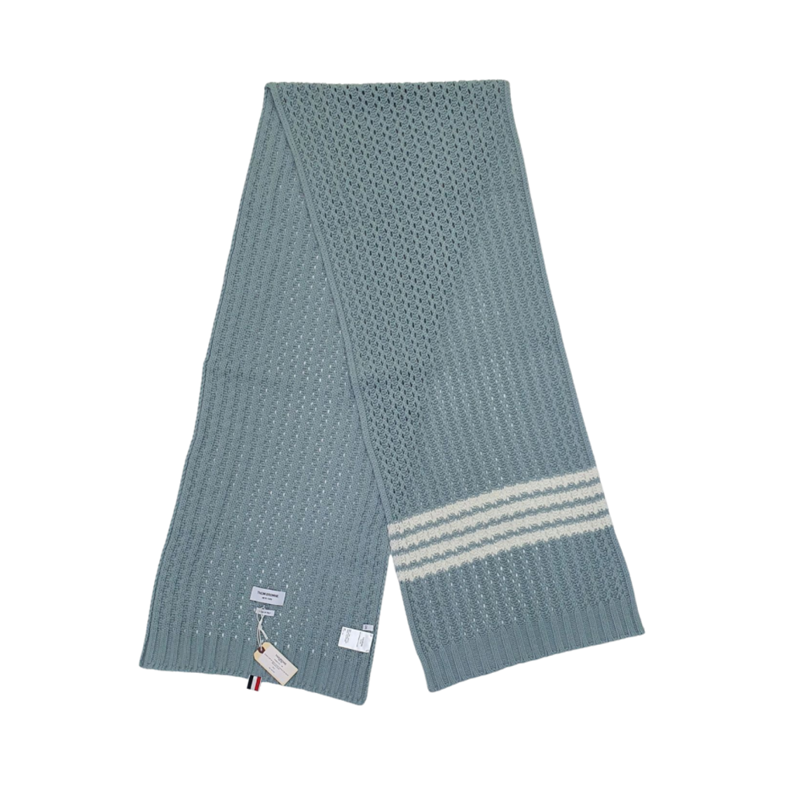 FKS054A-Y1018-450 Thom Browne Merino Wool Chunky Pointelle 4-Bar Blanket Scarf Blue