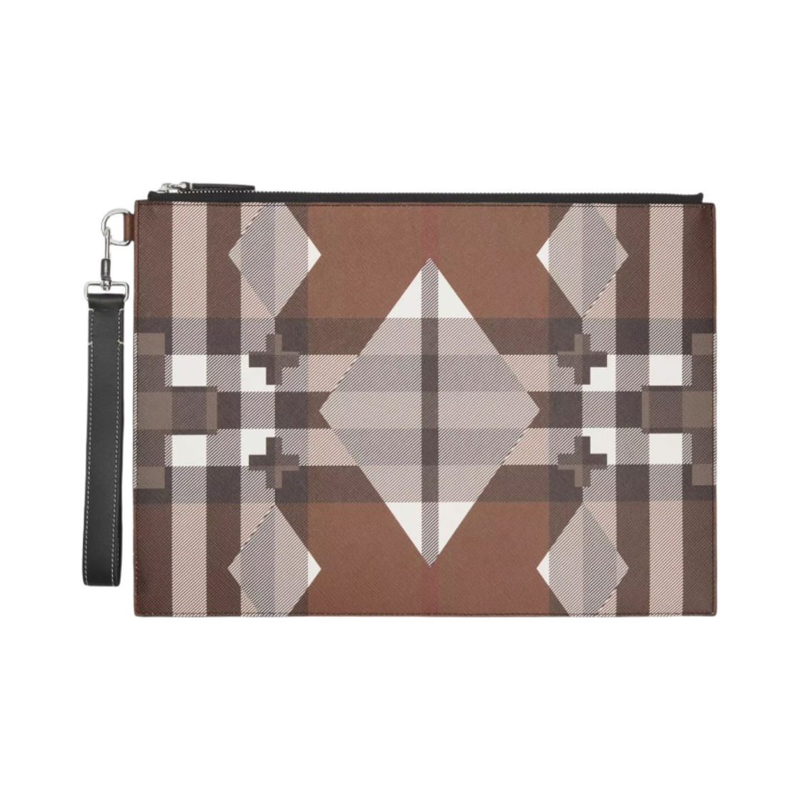 버버리 지오메트릭 체크 레더 라지 지퍼 파우치 다크 버치 브라운(Burberry Geometric Check and Leather Large Zip Pouch Dark Birch Brown) - 1