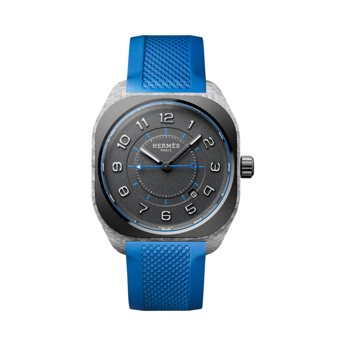 에르메스 H08 워치 엑스트라 라지 블루 러버 스트랩 & 블랙 유리 합성 섬유(Hermes H08 Watch Extra Large Bleu Rubber Strap & Black Glass Fiber Composite)