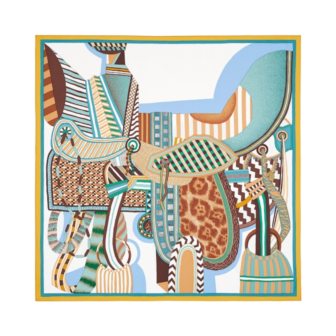 H003846S04 (W) Hermes La Selle Imaginaire Scarf 90 Miel Vert Blanc - 대표 이미지 #1