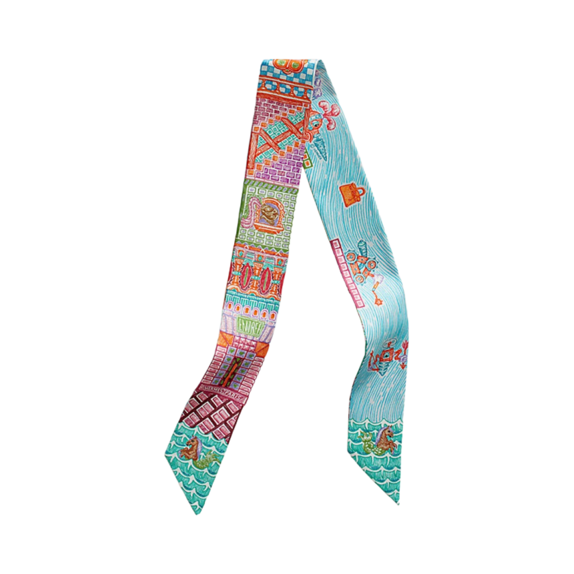 (W) 에르메스 슈퍼 실크 퀘스트 트윌리 로즈 뜌르꼬아즈 오랑쥬((W) Hermes Super Silk Quest Twilly Rose Turquoise Orange) - 1